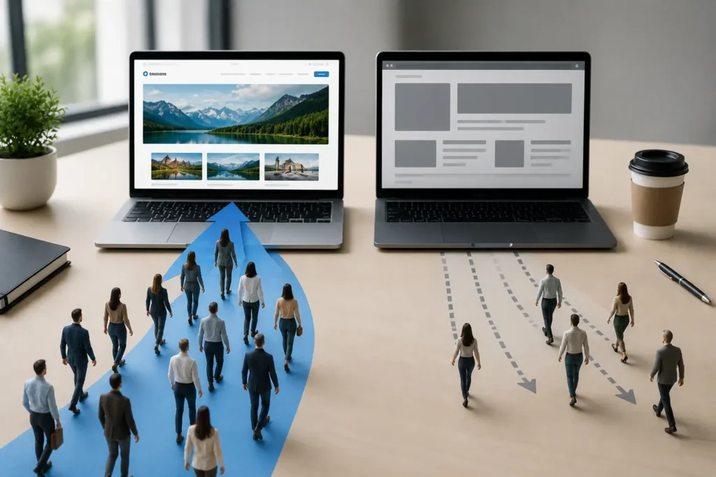 Potential customers choosing a well-designed business website over a poorly performing alternative, showing how website quality influences enquiries and conversions.