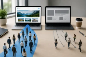 Potential customers choosing a well-designed business website over a poorly performing alternative, showing how website quality influences enquiries and conversions.