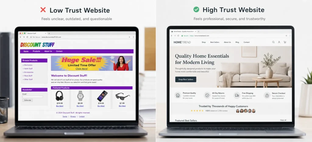 Comparison of a low-trust and high-trust business website, showing how professional design, trust signals, reviews, and social proof build customer confidence.